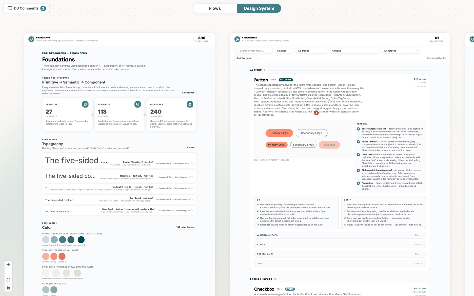 The ATTUNE design system — foundations, typography, color, and a fully annotated Button component spec