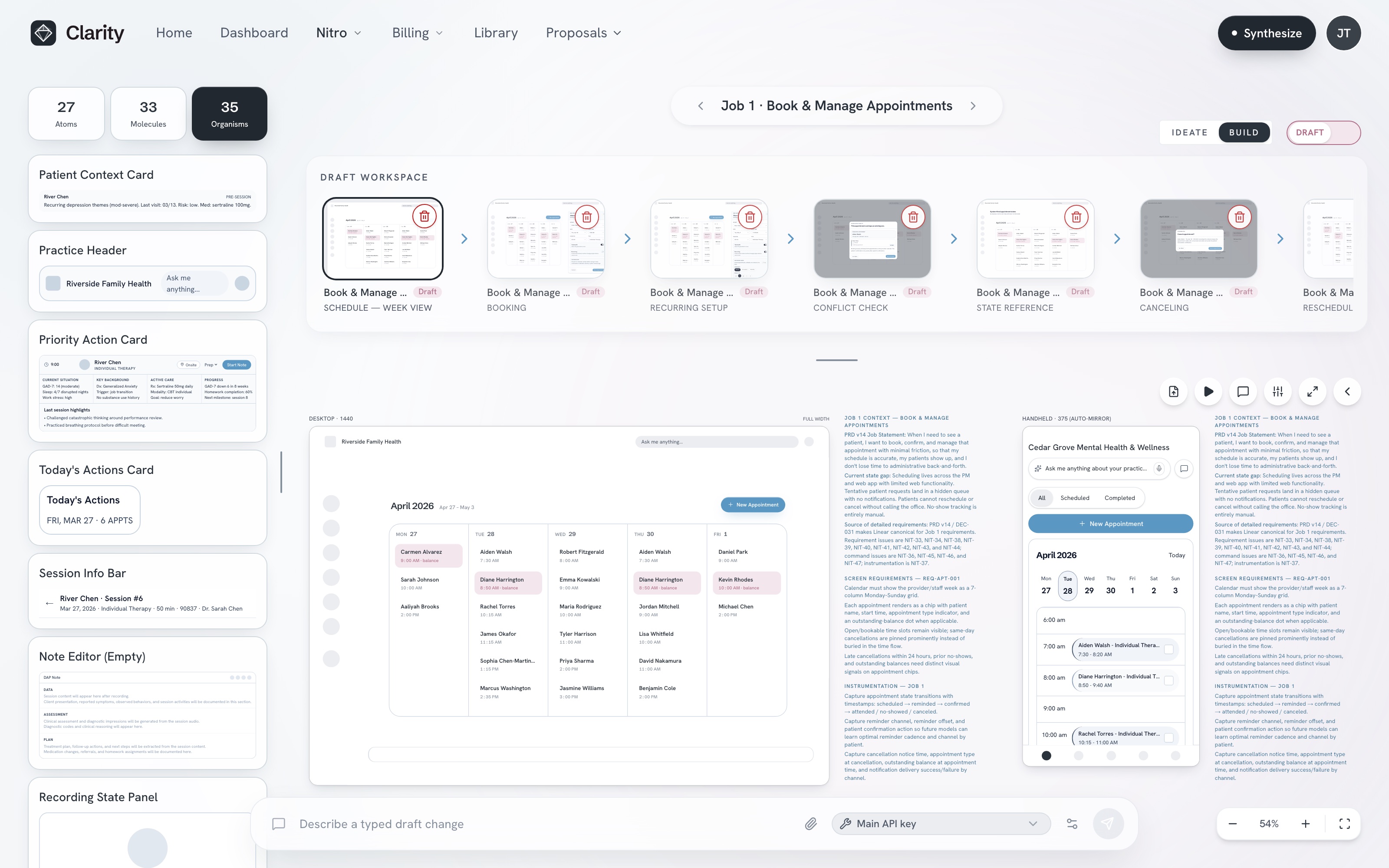 The Clarity editor in draft mode: draft chips on every screen in the flow strip, an Ideate and Build toggle, and a typed draft-change composer