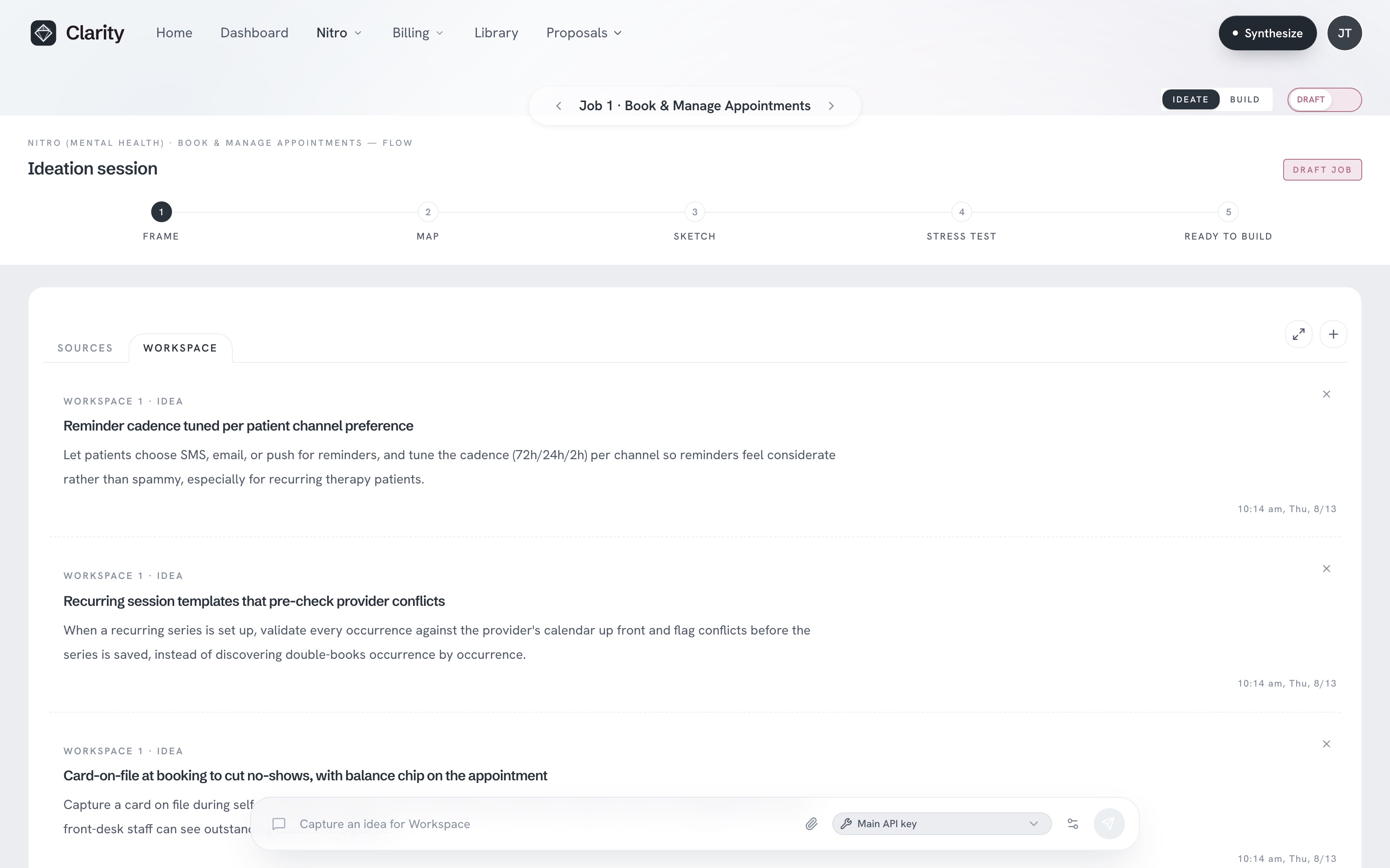 An ideation session in draft mode with structured idea entries staged from Frame through Ready to Build