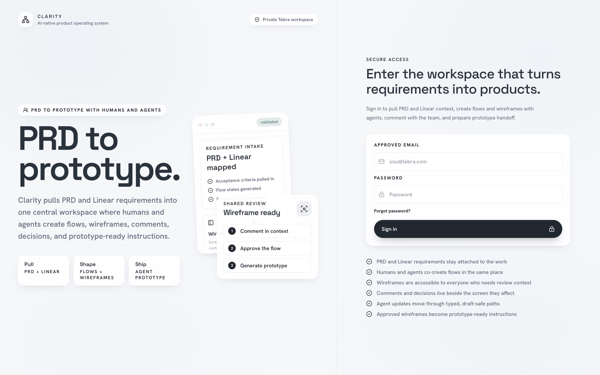 The Clarity workspace — pulling PRD and Linear requirements into flows, wireframes, comments, decisions, and prototype-ready instructions