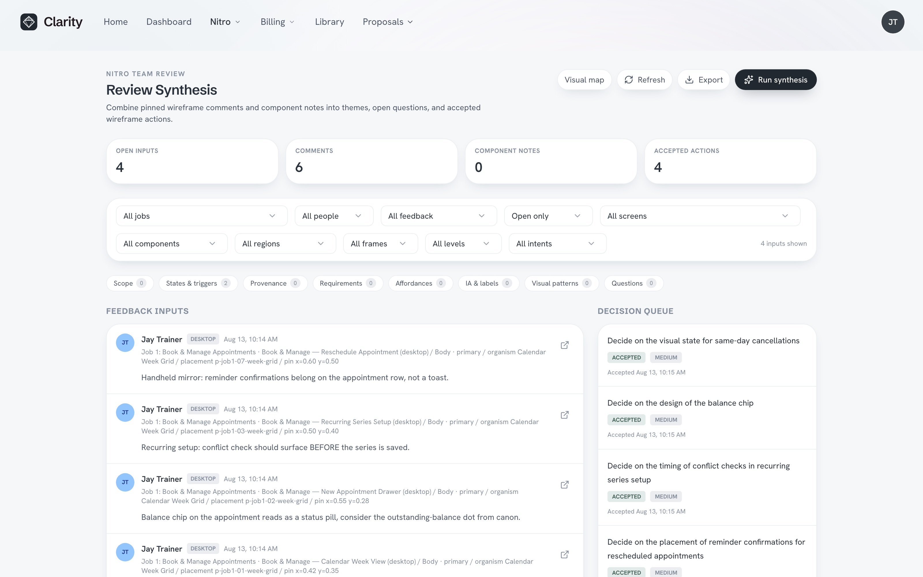 The Review Synthesis page: pinned feedback inputs with theme filters and a decision queue of accepted actions