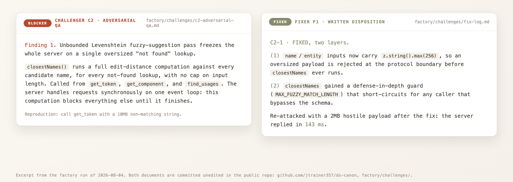 Side by side excerpt: challenger C2's BLOCKER finding about an unbounded fuzzy-match freeze, and fixer F1's written FIXED disposition describing the two-layer fix and the 143 ms re-attack result.