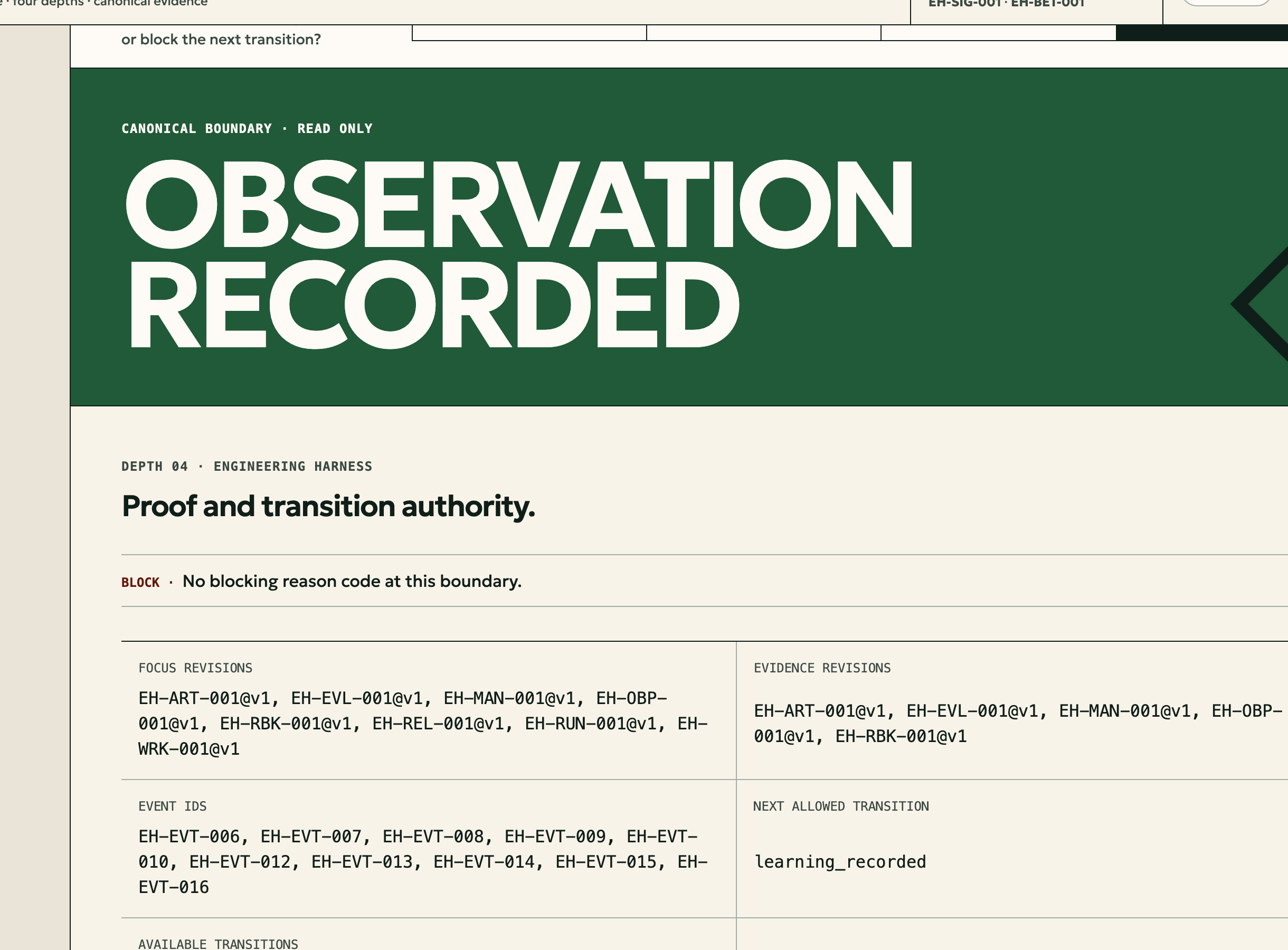 The same case after an independent human authorizes it: an OBSERVATION RECORDED banner, no blocking reason code, and the next allowed transition set to learning_recorded